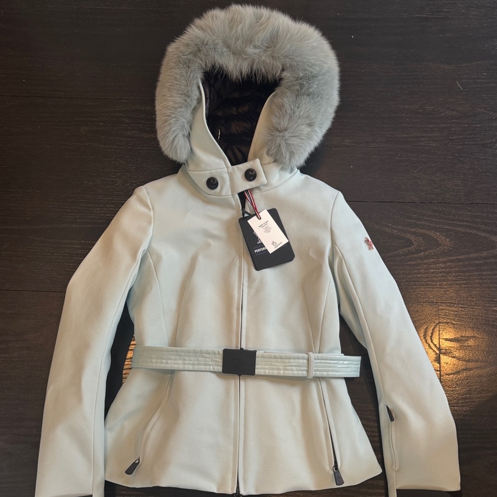 Moncler Fur-Trimmed Hooded Jacket - light Tiffany blue/mint